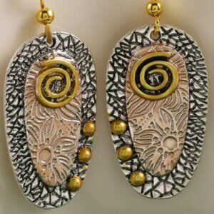 Bohemian Style Tri Color Mixed Metal Engraved Flower Oval Shape Drop Earrings